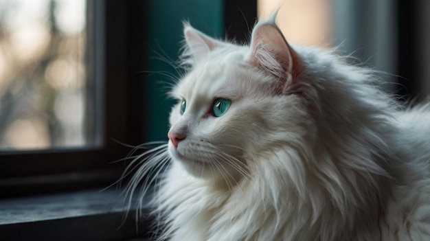 Photo a white cat with green eyes sits in front of a window