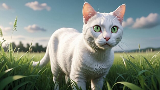 A white cat with green eyes stands in a field of tall grass