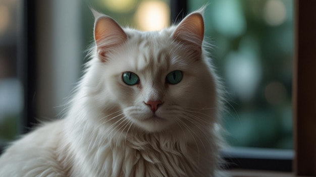 a white cat with green eyes and a white cat with a pink nose