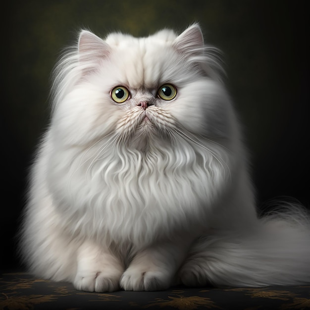 A white cat with long hair and a green eye sits on a dark background.