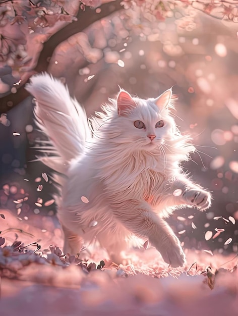 Photo a white cat with a long tail is running through a tree