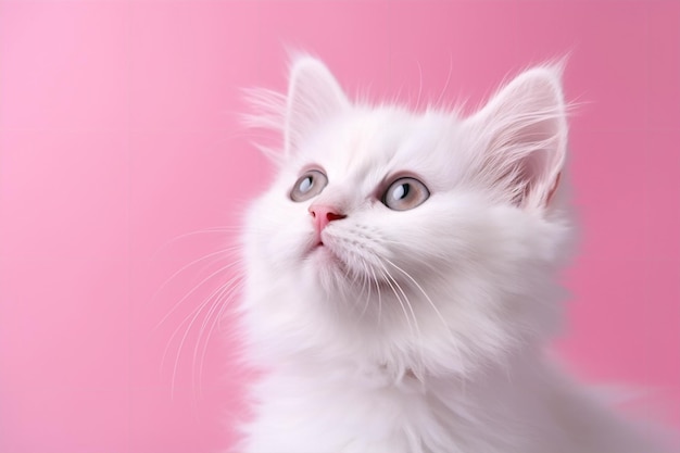 A white cat with a pink background