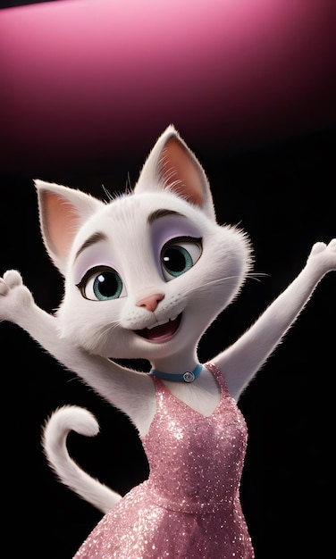 a white cat with a pink bow on its neck is waving