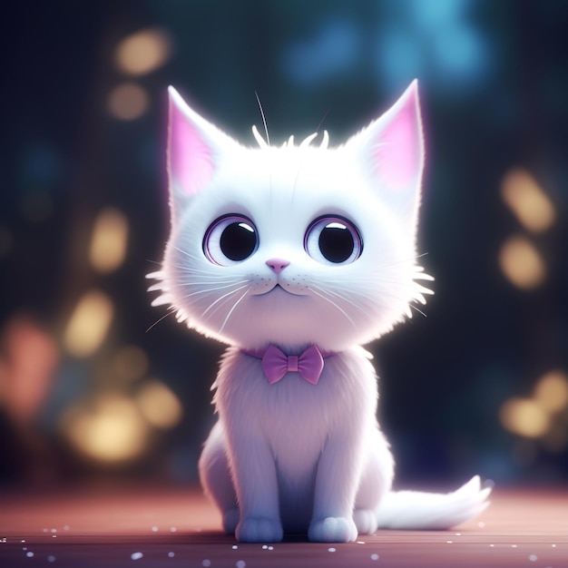 A white cat with a pink bow on its neck sits on a table in front of a blurred background of lights.