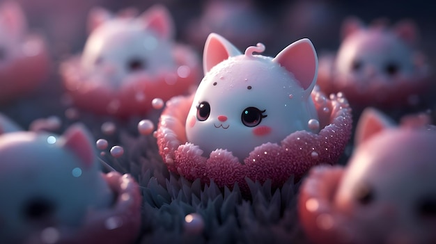 Photo a white cat with pink eyes sits in a seaweed with jellyfish