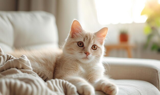 a white cat with a pink nose is laying on a couch