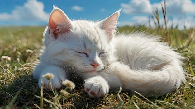 a white cat with a pink nose is sleeping in the grass