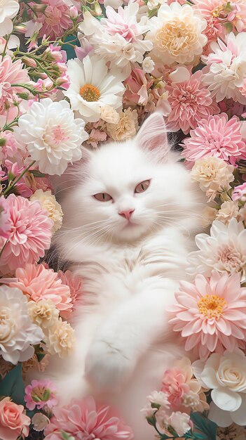 Photo a white cat with a pink nose sits in a bed of flowers