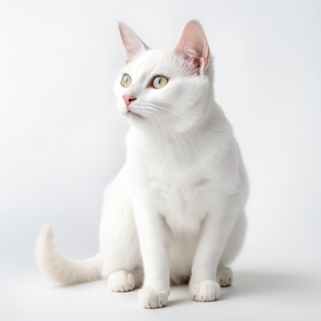 A white cat with a pink nose and a yellow tail.