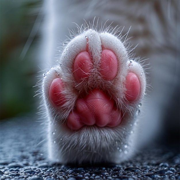 a white cat with pink paws and feet