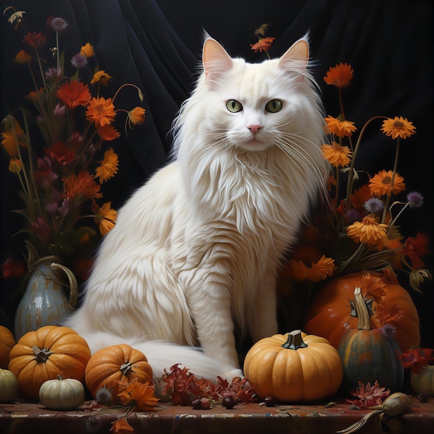 White cat with pumpkins Halloween Autumn Harvest Illustration