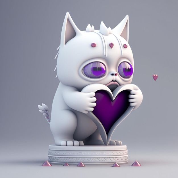 A white cat with purple eyes holds a purple heart.