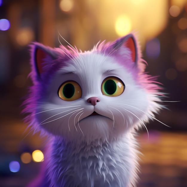 A white cat with purple and yellow eyes is looking up at the camera.