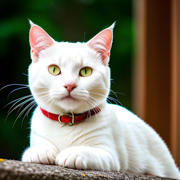 A white cat with a red collar and a red collar.