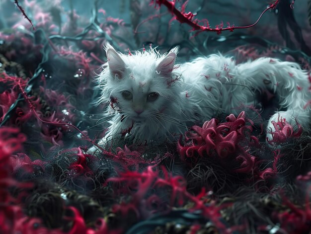 Photo a white cat with a red nose is laying in a pile of red and purple flowers