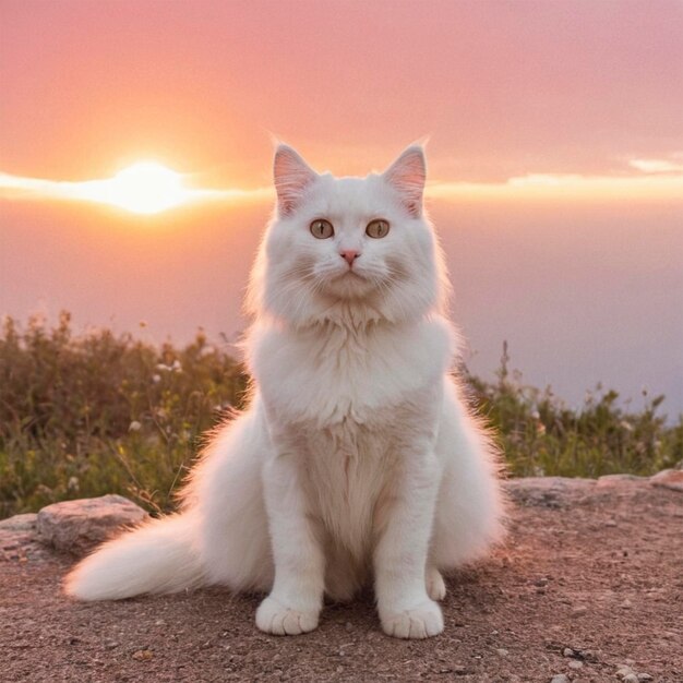 Photo a white cat with a red nose and a sunset in the background