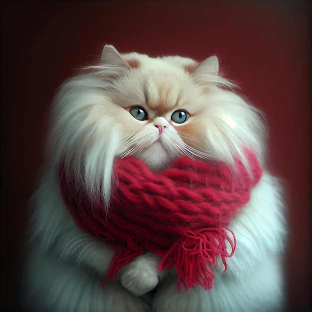 White Cat with Red Scarf Generative AI