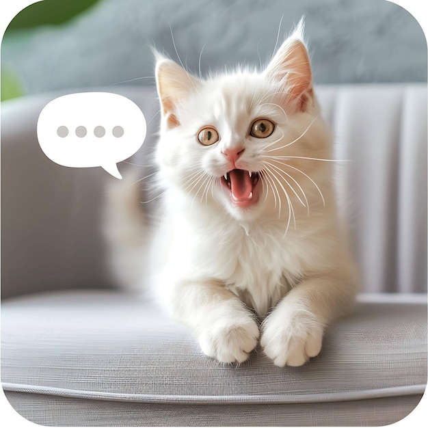 a white cat with a speech bubble saying  the word