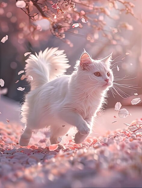 Photo a white cat with a white tail is walking through a flower garden