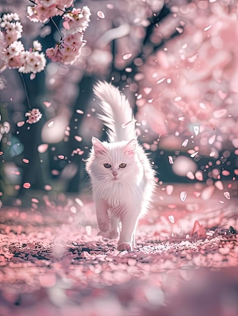 Photo a white cat with a white tail is walking through a forest