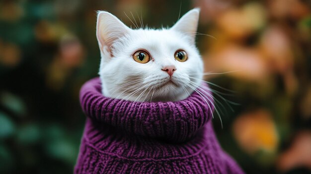 a white cat with yellow eyes is wearing a purple sweater