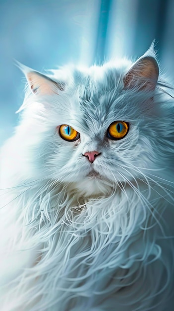 A white cat with yellow eyes looking at the camera