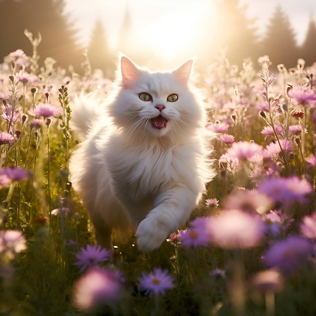 a white cat with yellow eyes runs through a field of purple flowers