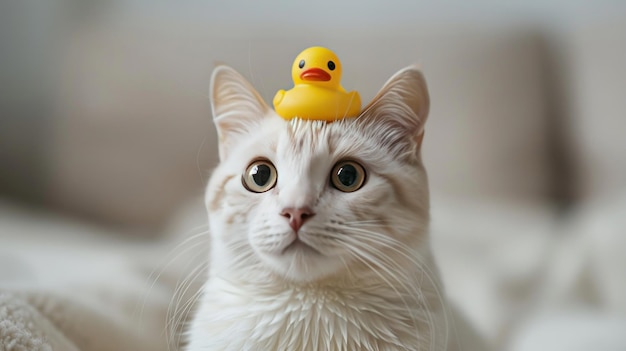 A White Cat with a Yellow Rubber Duck on Its Head