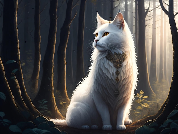 A white cat in the woods forest with golden eyes