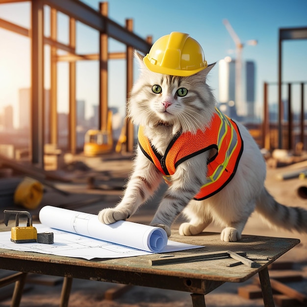 Photo white cat working on construction site