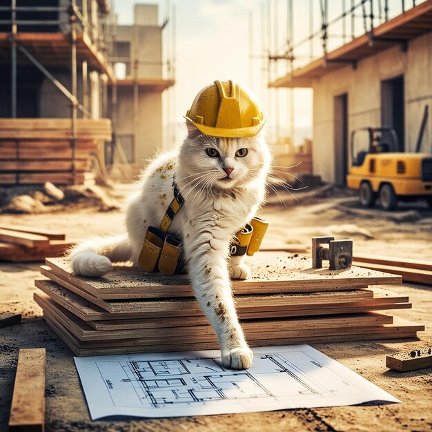 Photo white cat working on construction site