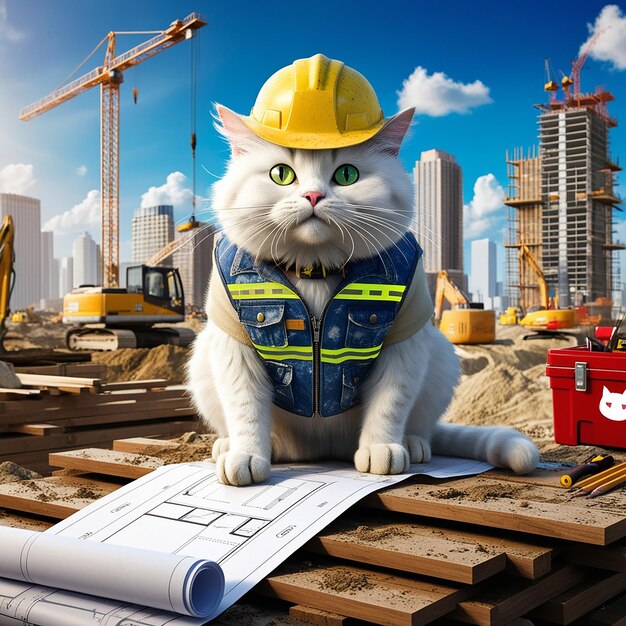 Photo white cat working on construction site