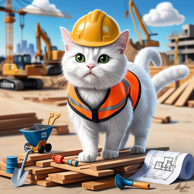 Photo white cat working on construction site