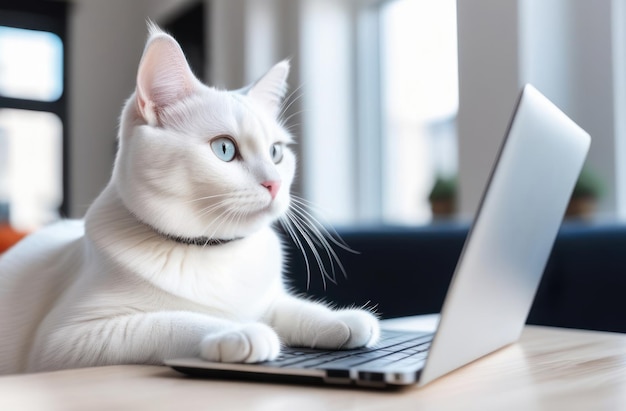 White cat working at the laptop at home or office Big boss