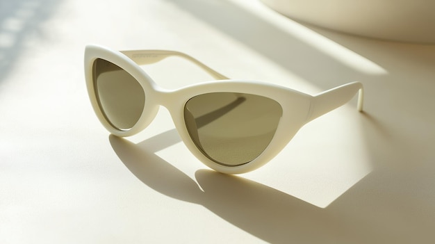 Photo white cateye sunglasses with brown lenses on a beige surface with sunlight and shadows