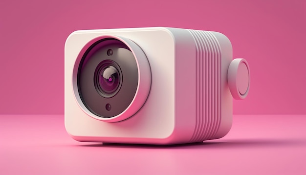 White CCTV camera in studioA white webcam on ready to record on a colorful pink studio background with copy space Security technology and entertainment generative ai