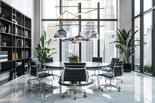 White CEO office with round table black chairs tall windows