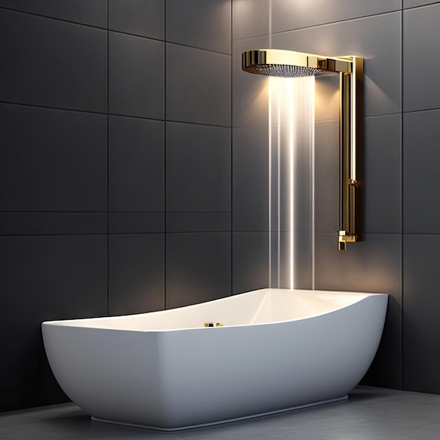 White ceramic bathtub gold chrome shower head faucet blowing cheer curtain in sunlight on dark gr