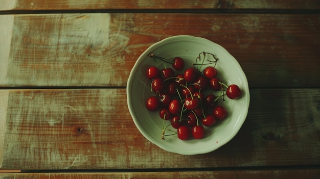 Photo a white ceramic bowl filled with bright red cherries on a rustic wooden table giving a sense of simplicity and farmfresh goodness