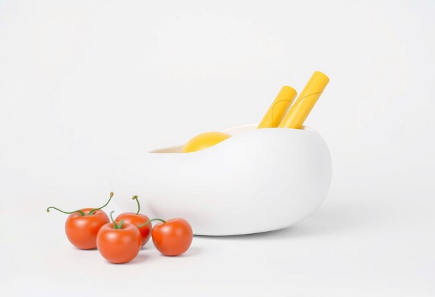 Photo white ceramic bowl with yellow sticks and red tomatoes