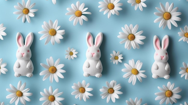 White Ceramic Bunnies and Chamomile Flowers in Blue Background Pastel Easter Banner AI Generated