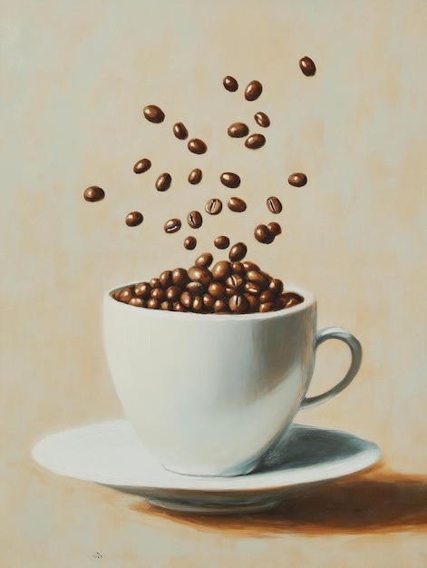 Photo a white ceramic coffee cup sits on a saucer with coffee beans falling into it the beans are sc