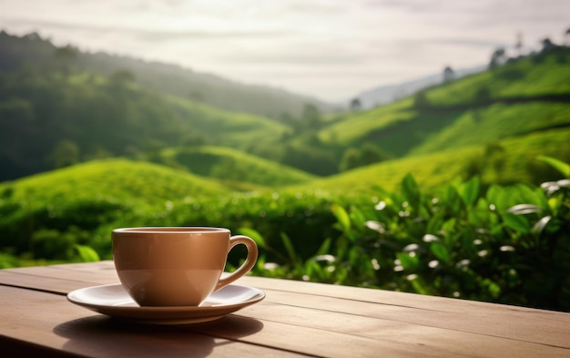 A white ceramic cup of tea on a wooden table