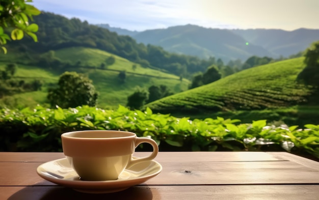 A white ceramic cup of tea on a wooden table