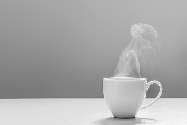 Photo white ceramic cup with elegant steam rising on white table against gray background