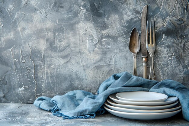 Photo white ceramic dishes and silver cutlery knife fork and blue napkin on grey background tea drinking