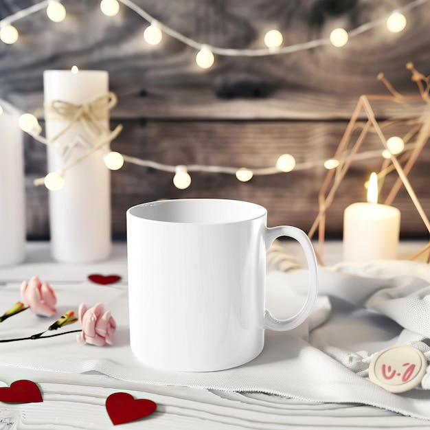 Photo white ceramic mug surrounded by lit candles string lights and decorative hearts on a cozy festive background