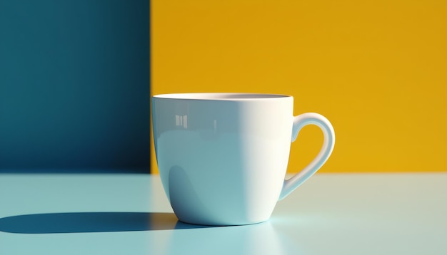 Photo white ceramic mug with bold blue and yellow background