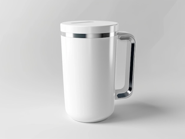 White ceramic mug with a silver handle on a white background