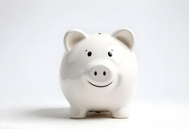 Photo a white ceramic piggy bank with a happy face on a white background